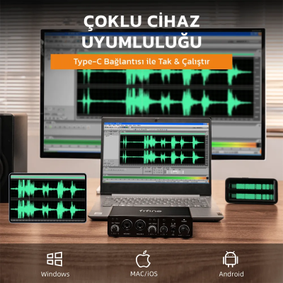 Fifine Ampli 3 USB Stüdyo Ses Kartı 2 Giriş 2 Çıkış 24bit/192kHz Windows/MAC/IOS/Android - 9