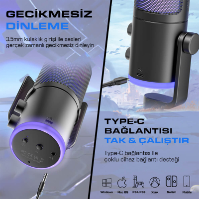 Fifine Ampligame AM6 USB RGB Oyuncu Yayıncı Bilgisayar Mikrofonu - 6