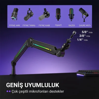Fifine BM66 PRO RGB Masaüstü Yayıncı Mikrofon Standı Boom Arm - 8