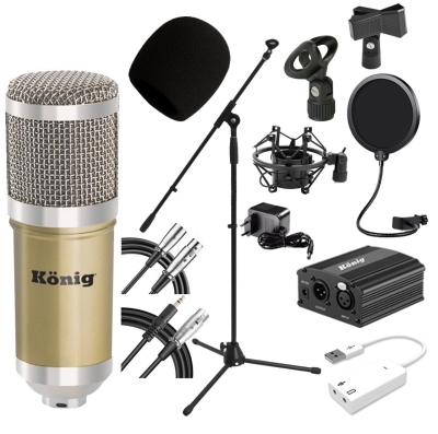 König BM800 Mikrofon + Ses Kartı + Phantom Power + Mikrofon Sehpası + Pop Filtre Stüdyo Seti - 1