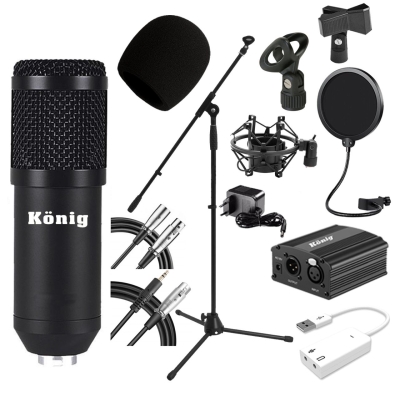 König BM800 Mikrofon + Ses Kartı + Phantom Power + Mikrofon Sehpası + Pop Filtre Stüdyo Seti - 4
