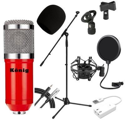 König BM800 Mikrofon + Ses Kartı + Pop Filtre + Mikrofon Sehpası + Kablo + Shock Mount + Sünger Stüdyo Seti - 1