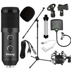 König K-CM 300 Condenser Mikrofon + Metal Pop Filtre + 7.1 Ses Kartı + Sehpa Paketi - König
