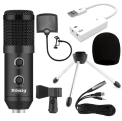 König K-CM 300 Condenser Mikrofon + Metal Pop Filtre + 7.1 Ses Kartı + Tripod Sehpa Paketi - König