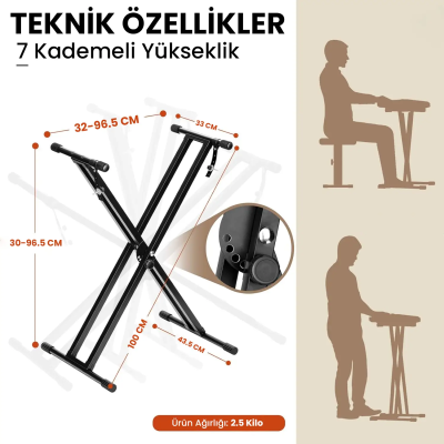 Larkin KS20 Çift Demirli 7 Kademeli Üst Kalite Klavye Org Sehpası (Sabitleme Kayışlı) - 5