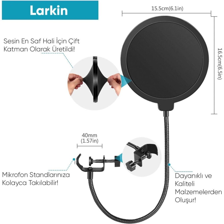 Larkin Çift Katman Pop Filter Filtre Mikrofon Gürültü Rüzgar Engelleyici
