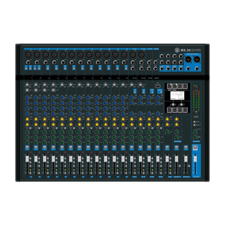 Topp Pro MX.20 mikserin 1-knob kompresörleri ve 3-bant EQ'lu kanal şeritleri